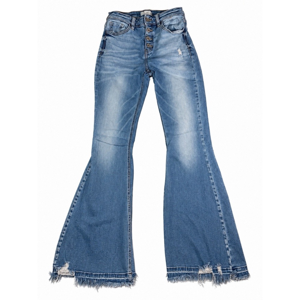 KanCan Signature Mid Rise Super Flare Jeans Blue Distressed Raw Hem Trouser  27